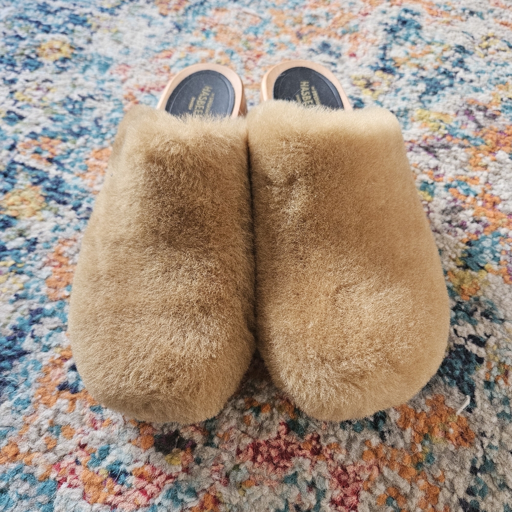 Swedish Hasbeens Tan Fuzzy Clogs